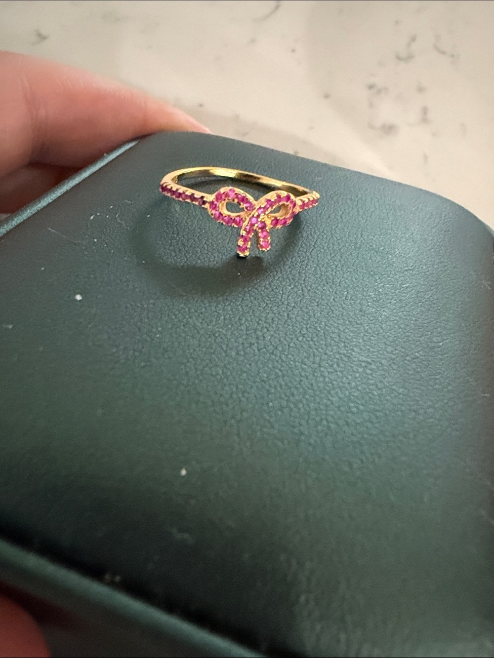 Gold Bow Ring with Pink Stones
